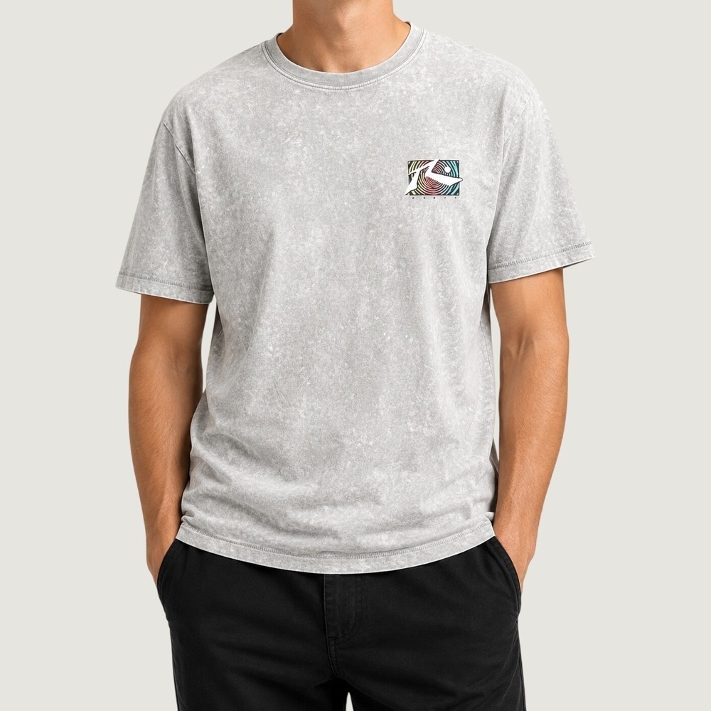 Rusty Mens Acid Wash Graphic T-Shirt Grey Rainbow Logo Surf Tee Medium